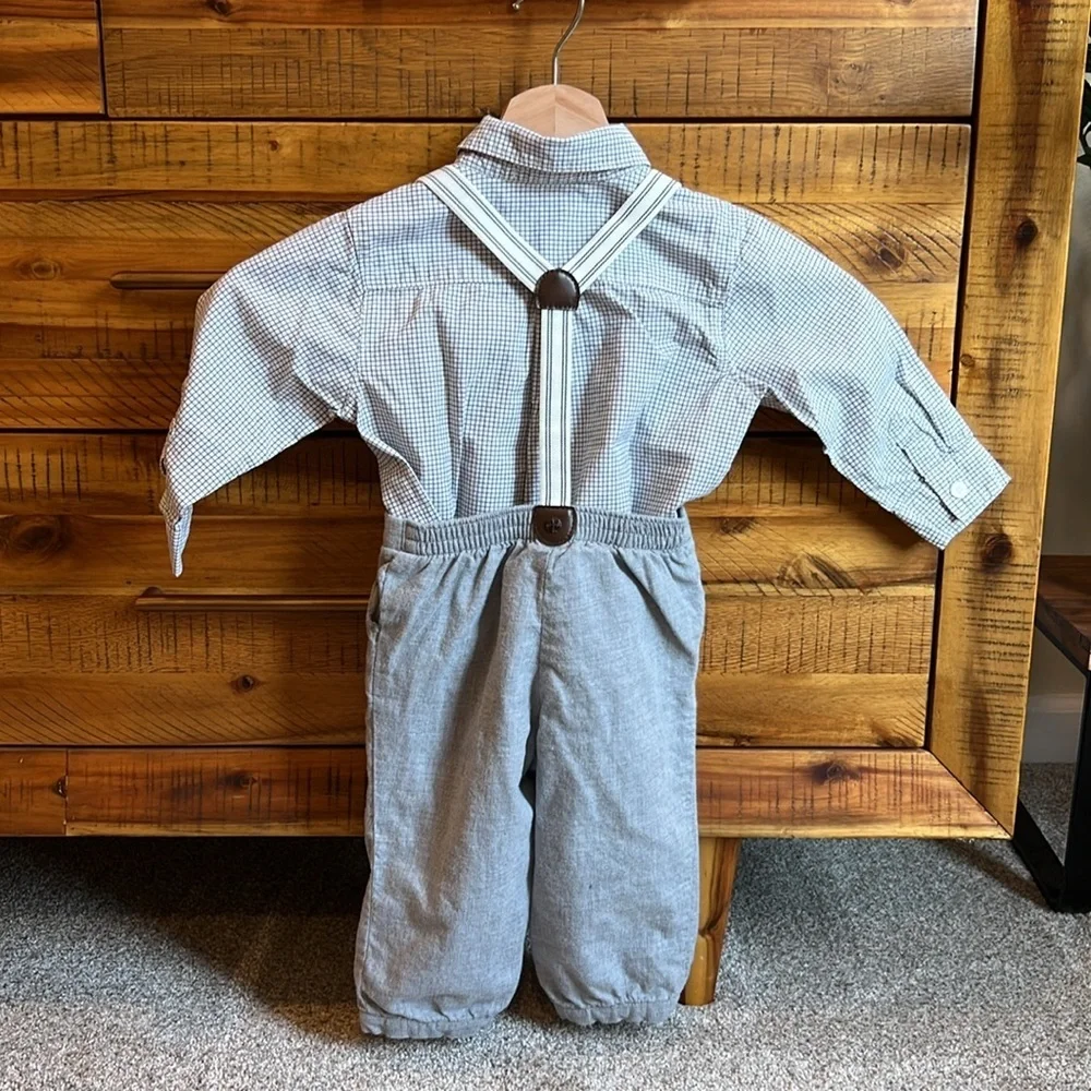 Janie & Jack Baby Boys Twill Suspender Pants & Long Sleeve Button Down Shirt Set